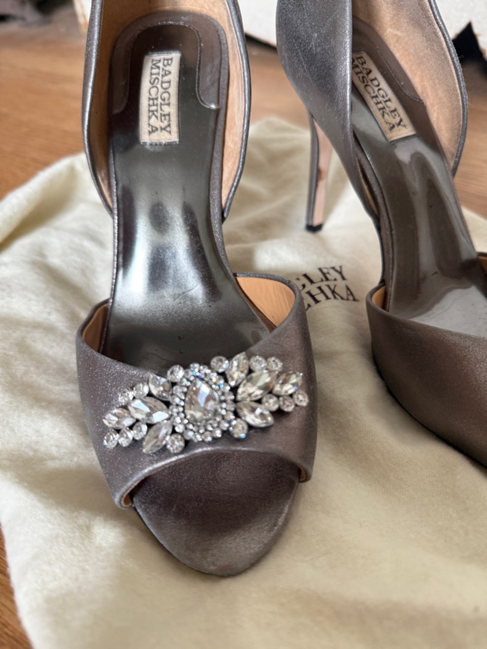 Badgley Mischka Silver Satin Peep-Toe Crystal Heels - Picture 6 of 8